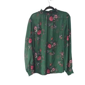 Torrid Green Floral Smocked‎ Mock Neck Chiffon Blouse Long Sleeve Womens 1 1X